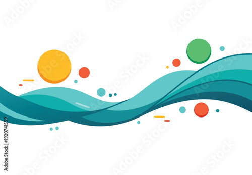 Abstract wave design featuring colorful circles and flowing turquoise lines on a white background high-quality