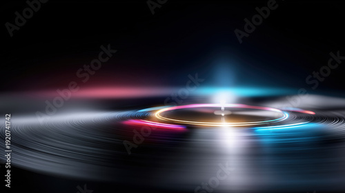 Spinning vinyl record with colorful light effects at night