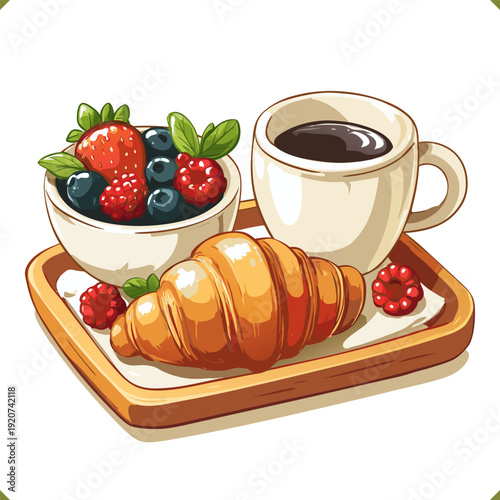Vector breakfast tray with croissant, cup of coffee and fresh berries, cozy morning meal isolated on a white background