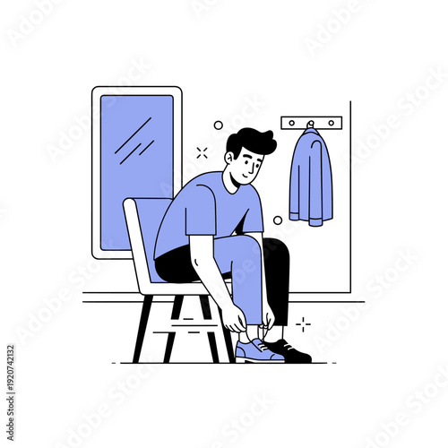 Young asian male tying shoes in minimalist room with window and coat hook