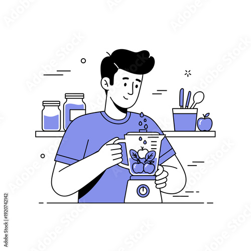 Young caucasian male preparing a smoothie with berries in a blender