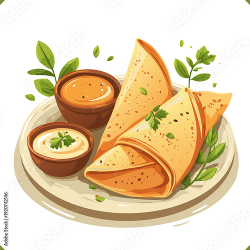 Vector illustration of crispy dosa served with chutney and sambar, isolated on a white background