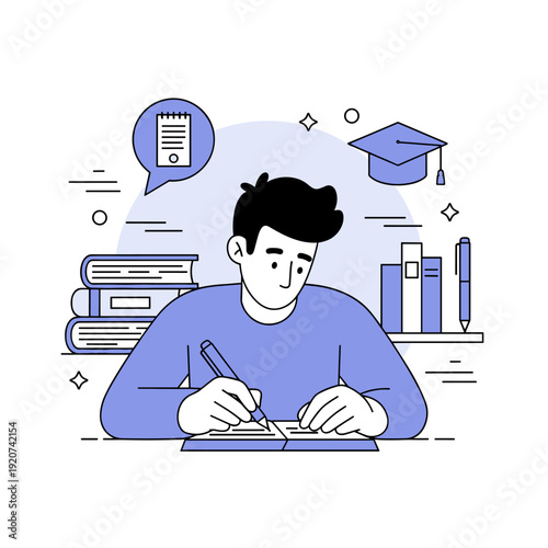 Young male studying with books and graduation cap in minimalist illustration