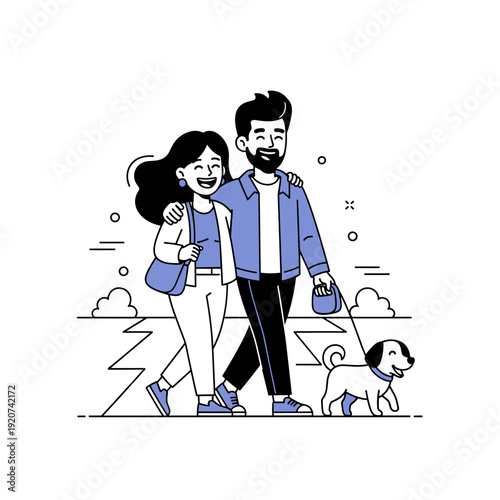 Young couple walking dog in park: happy stroll, casual outfits, leisurely walk, nature path, cartoon style