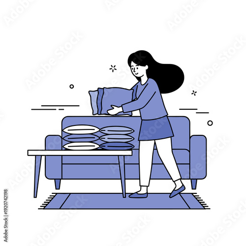 Asian female adult arranging couch with blue cushions in minimalist living room setting