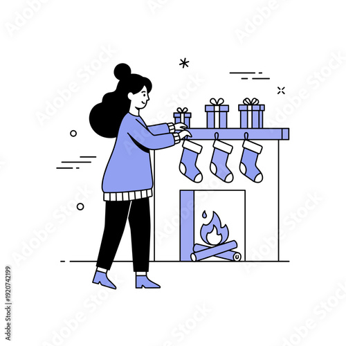 Young female preparing christmas mantel with stockings in cozy winter setting