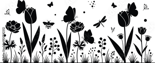 Black silhouette of flowers grass butterflies and dragonflies on white background