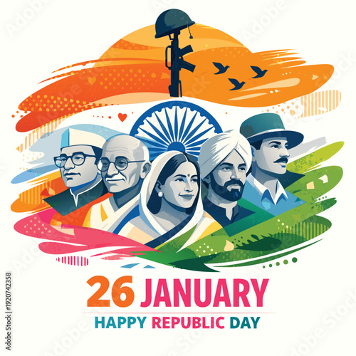 Indian republic day illustration featuring national leaders flag colors and patriotic symbols high-quality professional detailed