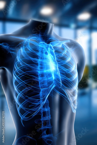 Medical illustration showing human skeleton structure and organs
