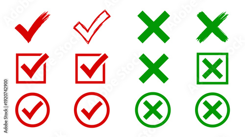 "Check marks and X marks vector illustration set with brush strokes, boxes, circles, red and green symbols, approval and rejection icons for feedback and design"