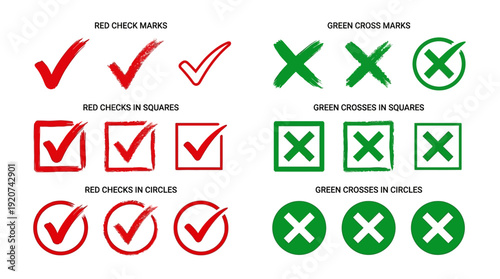 "Check marks and X marks vector illustration set with brush strokes, boxes, circles, red and green symbols, approval and rejection icons for feedback and design"