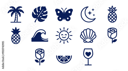 "Tropical icons vector illustration set with palm tree, monstera leaf, butterfly, moon, pineapple, wave, sun, shell, rose, citrus, wine glass, and anchor designs"