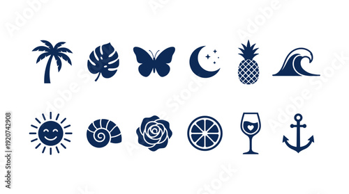 "Tropical icons vector illustration set with palm tree, monstera leaf, butterfly, moon, pineapple, wave, sun, shell, rose, citrus, wine glass, and anchor designs"