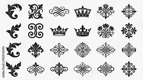 "Ornamental designs vector illustration set with flourishes, crowns, floral motifs, scrollwork, and decorative patterns, elegant artwork concept for invitations, branding, and graphic design"
