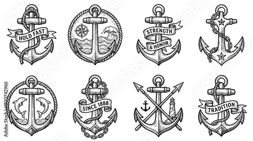 "Anchor designs vector illustration set with rope, crown, floral, star, and banner elements, vintage nautical tattoo style artwork for maritime, naval, and traditional themes"