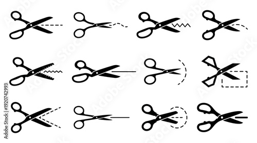 "Scissor icons vector illustration set with cutting paths in curved, straight, zigzag, circular, and rectangular styles, perfect for coupons, craft templates, and digital editing"