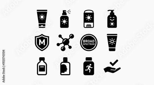 Skincare sun protection health icons vector illustration set with sunscreen, lotion, spray, stick, broad spectrum, molecular design, supplements, fitness, safety approval, white background