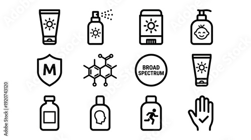Skincare sun protection health icons vector illustration set with sunscreen, lotion, spray, stick, broad spectrum, molecular design, supplements, fitness, safety approval, white background