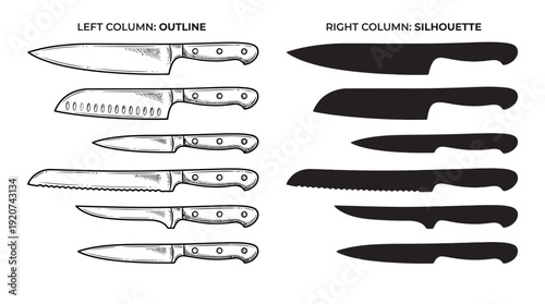 "Kitchen knives vector illustration set with outline and silhouette styles, culinary blade collection design for cooking, chef tools, food preparation, and educational resources on white background"