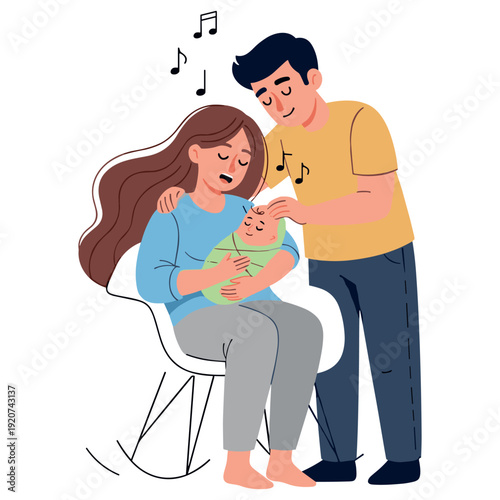 Caring parents singing lullaby to baby: young caucasian couple with infant in chair