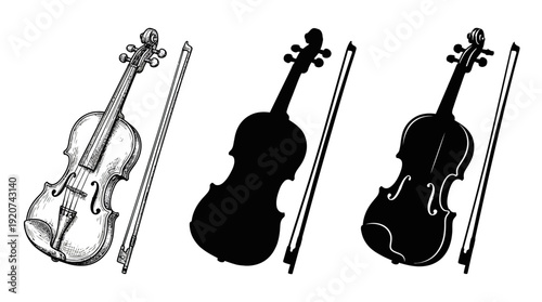 "Violin vector illustration set with outline, silhouette, and detailed design styles, classical music instrument artwork concept for education, performance, and artistic decoration on white background