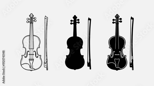 "Violin vector illustration set with outline, silhouette, and detailed design styles, classical music instrument artwork concept for education, performance, and artistic decoration on white background