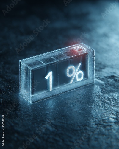 An abstract 3D render of a glowing battery icon showing 1% charge on a dark blue textured background.