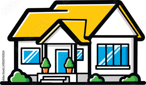 House with yellow roof and blue door.