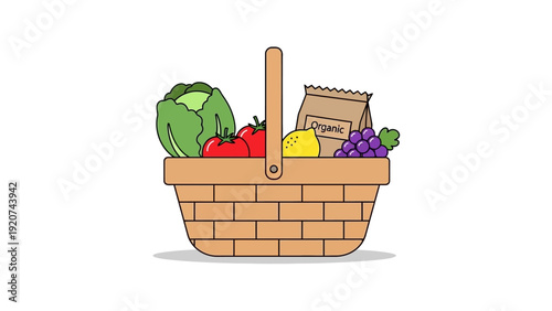 Illustration of an organic food basket filled with fresh produce.