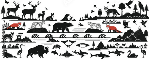 Various wildlife silhouettes including mammals birds and fish in natural habitats scenes