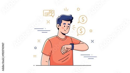 Young caucasian male checking smartwatch with financial icons in minimalist style