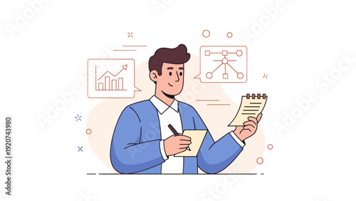 Young caucasian male analyzing data and planning with diagrams