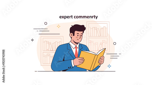 Young caucasian male reading a book in library setting with bookshelves