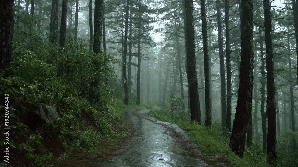Fototapeta premium Rainy Path Through Lush Forest
