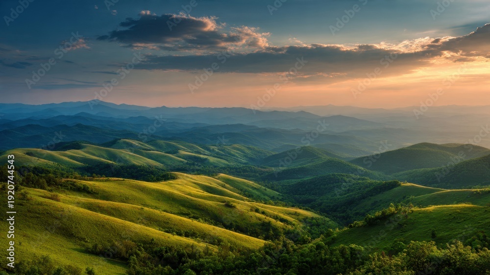 Fototapeta premium Rolling Green Hills Under Warm Sunset Light