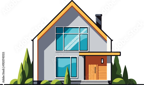 Modern house with wooden door and roof.