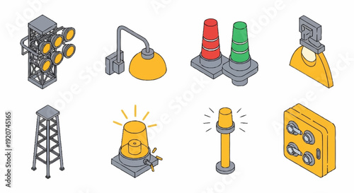 Collection of Industrial Warning Lights and Signals.