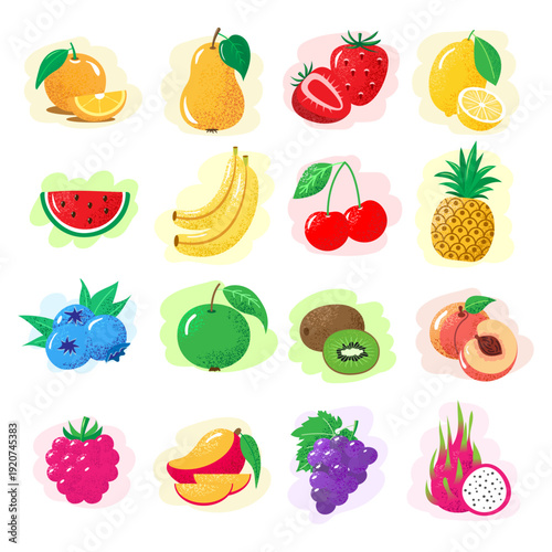 A set of ripe, grainy fruits on a background drawn with a marker. Vector illustration.