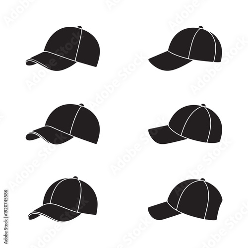 Baseball cap icon set in solid black includes different perspectives and curved brim styles.
