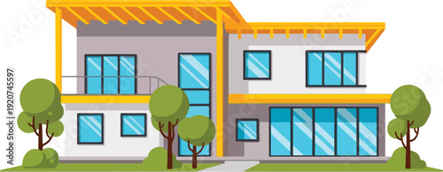 Modern House with Yellow Trim Windows.