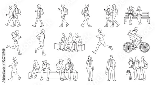 Line Art People Walking, Sitting and Conversing in Urban Public Spaces – Casual and Business Characters