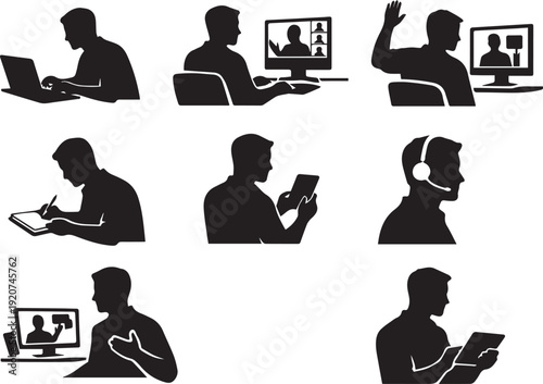 Remote Work, Online Learning & Digital Communication Vector Icons: People Using Laptops, Tablets, Video Calls, and Headsets for Modern Connectivity