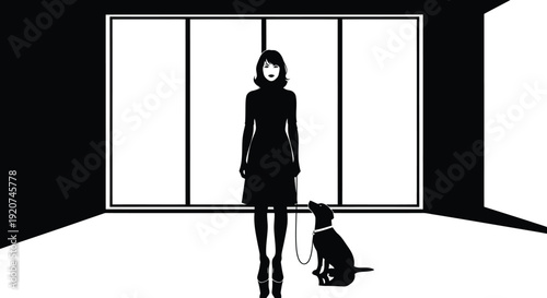 Minimalist black and white silhouette illustration of a woman in a dress standing with her dog on a leash in a modern high contrast room with large windows for lifestyle concepts AI Generative
