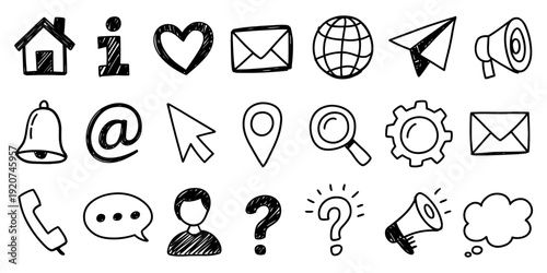 A comprehensive set of hand drawn contact and communication icons featuring a home, mail envelope, globe, paper plane, map pin, cursor, gear, and light bulb.