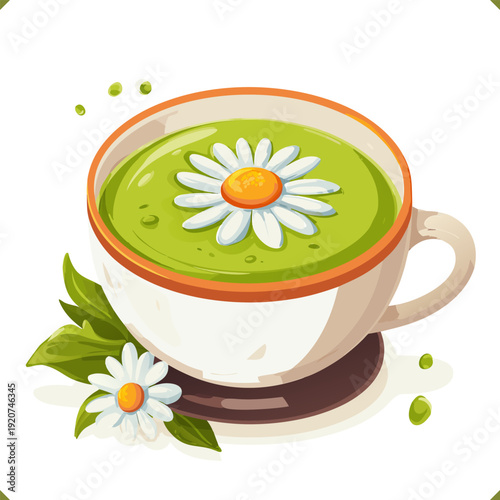 Vector illustration of matcha herbal drink in a cup with chamomile flowers and mint leaves, healthy organic beverage isolated on a white background
