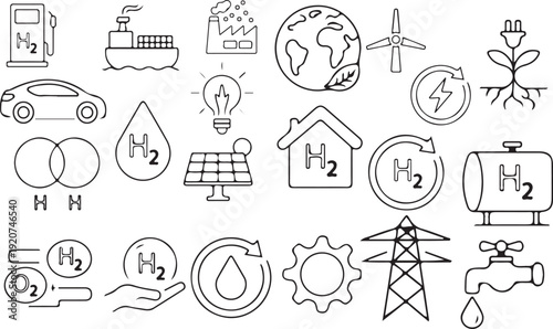 Simple Line Art Icons of Hydrogen Energy and Green Technology on White