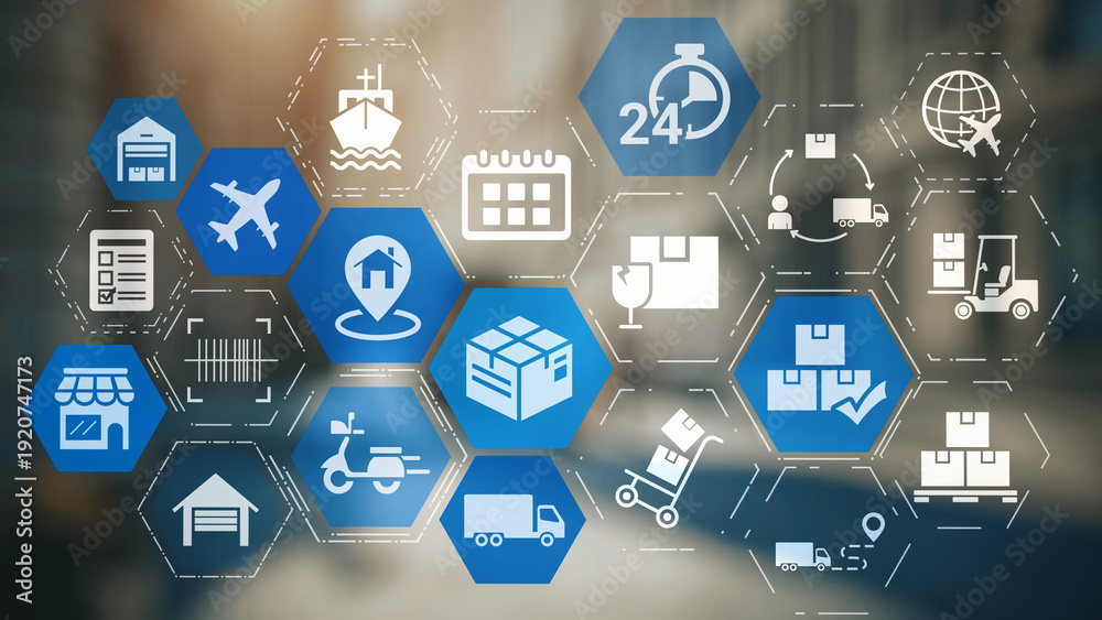 Naklejka premium Goods delivery tracking icons show shipping, goods delivery routes, and logistics monitoring. Goods delivery tracking ensures timely goods delivery, secure handling, and accurate tracking. Gist