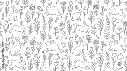 "Vector Seamless Pattern with Hand‑Drawn Rabbits and Flowers in Monochrome Line Art Style, Decorative Spring and Easter Design for Wallpaper, Fabric, and Seasonal Themes"