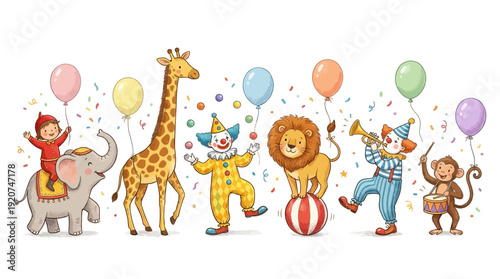 Colorful Circus Vector Illustration | Elephant, Giraffe, Clown, Lion, Monkey, Balloons, and Confetti Vector Art for Entertainment, Children’s Party, Festival, and Creative Design Projects