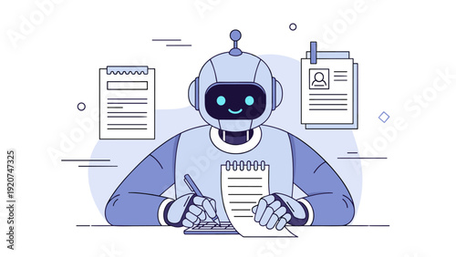 Robotic assistant writing notes with notepad and documents